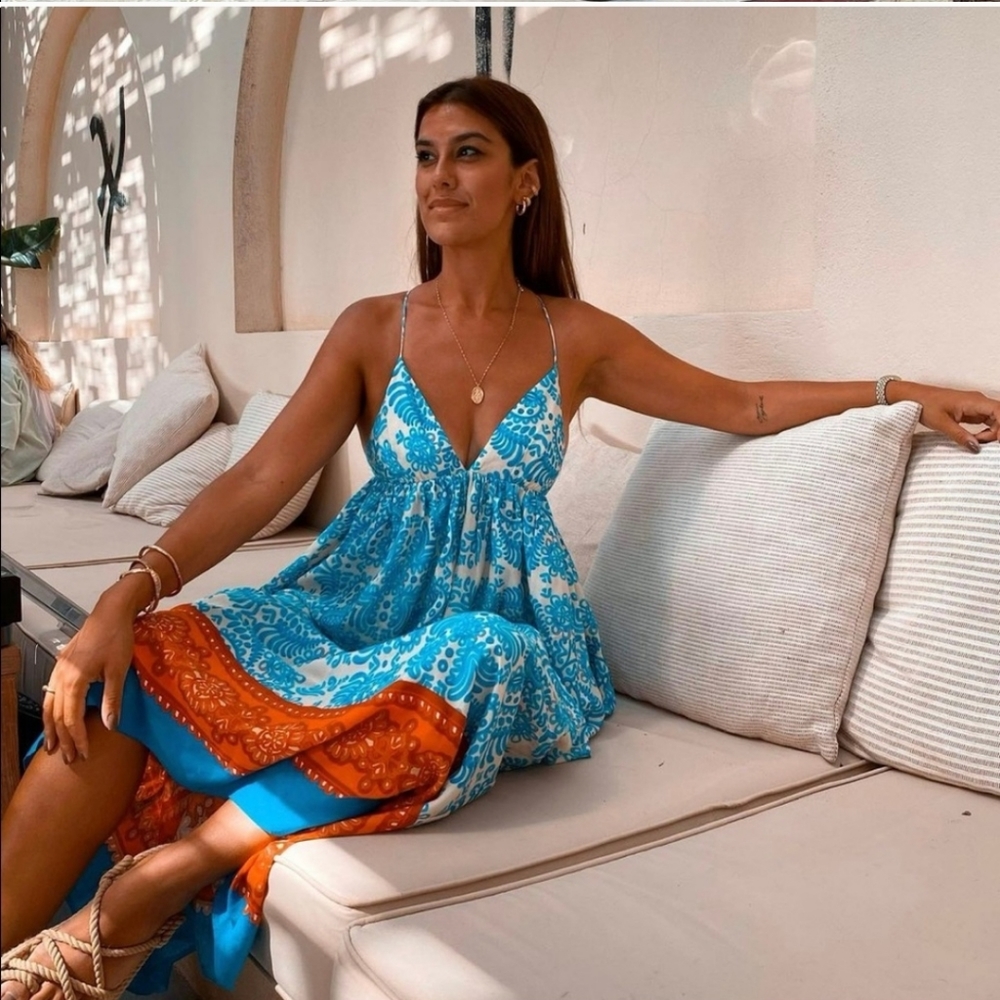 Zara * Linen Blend Printed Maxi Midi Dress Blue Boho Flowy - Picture 3 of 6